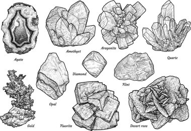 Mineral koleksiyon çizim, çizim, gravür, mürekkep, hat sanatı, vektör