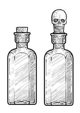 Potion, medicine bottle illustration, drawing, engraving, ink, line art, vector clipart