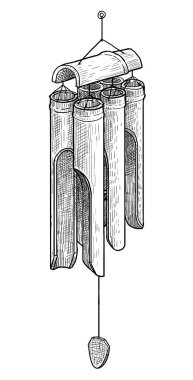 Çizim, çizim, gravür, mürekkep, hat sanatı, vektör bambu Rüzgar chimes