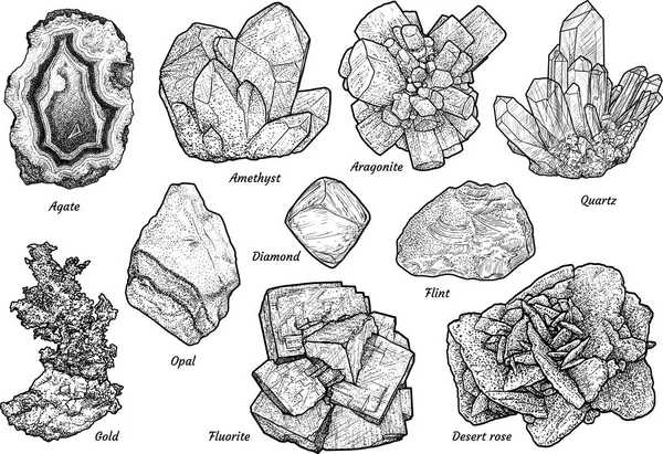 Colección Minerales Ilustración Dibujo Grabado Tinta Arte Línea Vector — Vector de stock