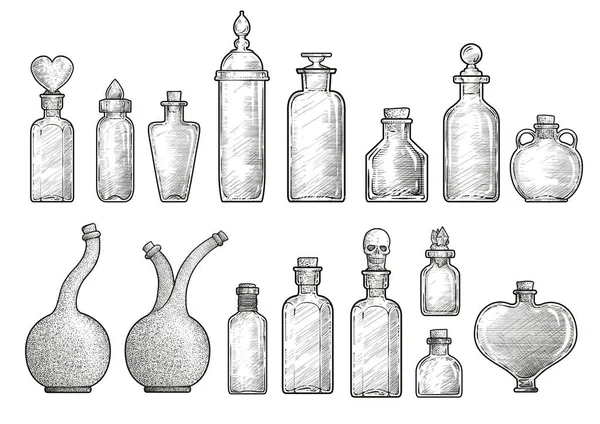 Pozione Illustrazione Della Bottiglia Della Medicina Disegno Incisione Inchiostro Linea — Vettoriale Stock