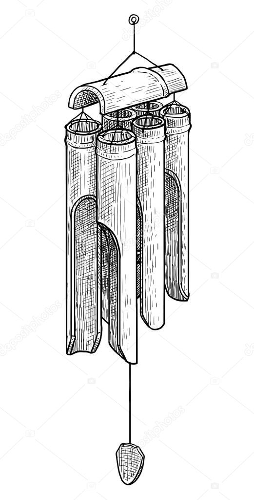 Bamboo wind chimes illustration, drawing, engraving, ink, line art, vector