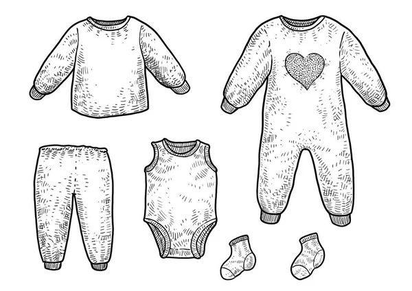 Bambino Illustrazione Vestiti Infantili Disegno Incisione Inchiostro Line Art Vettore — Vettoriale Stock