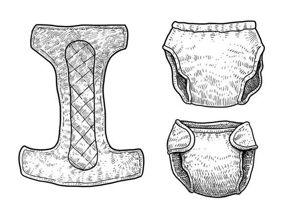 Babywindel Illustration Zeichnung Gravur Tusche Linienzeichnung Vektor — Stockvektor