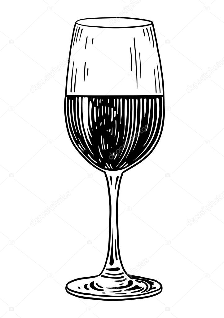 Wine glass illustration, drawing, engraving, ink, line art, vector