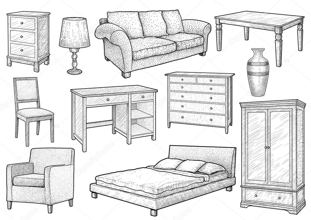 Furniture collection illustration, drawing, engraving, ink, line art, vector