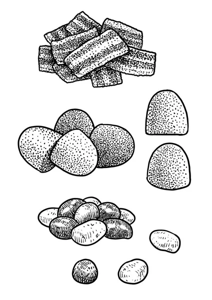 Süßigkeiten Illustration Zeichnung Gravur Tusche Linienkunst Vektor — Stockvektor