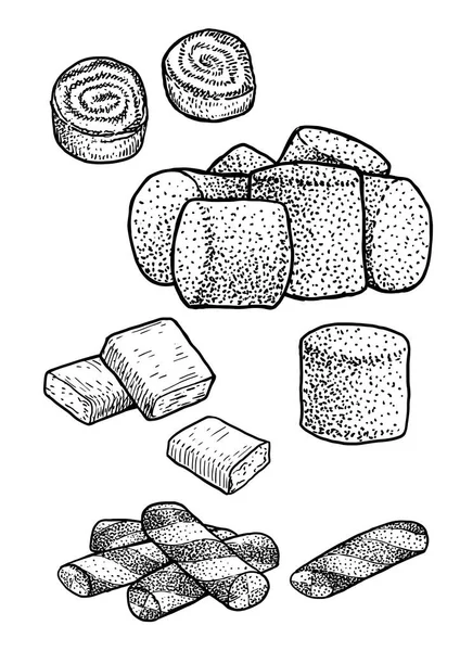 Süßigkeiten Illustration Zeichnung Gravur Tusche Linienkunst Vektor — Stockvektor