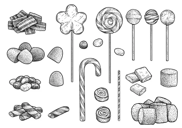 Süßigkeiten Sammlung Illustration Zeichnung Gravur Tusche Zeichenkunst Vektor — Stockvektor