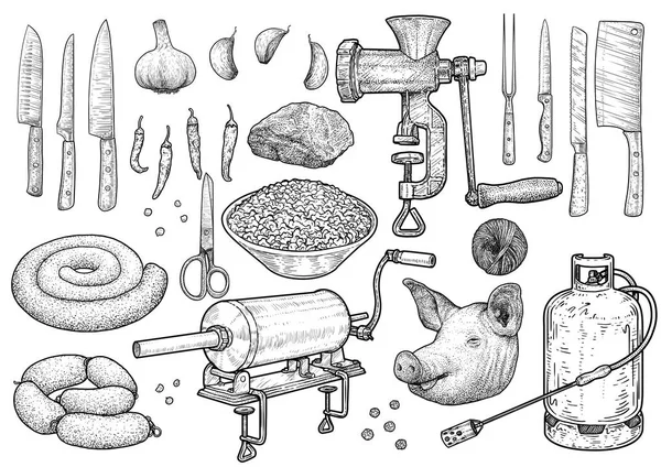 Schlachtzeremonie Werkzeuge Illustration Zeichnung Gravur Tusche Zeichenkunst Vektor — Stockvektor
