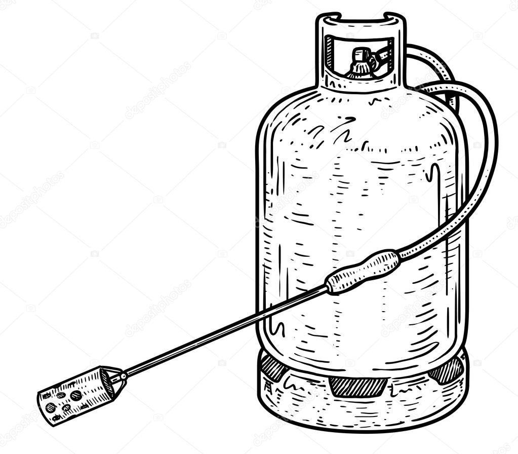 Gas bottle burner to pig slaughter illustration, drawing, engraving, ink, line art, vector