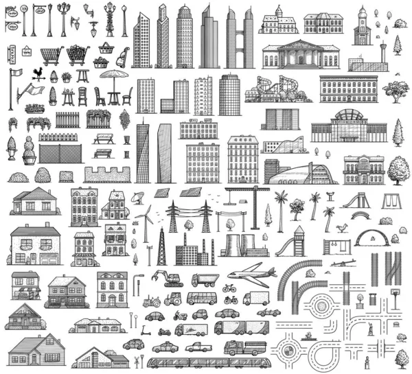 City Map Elementen Illustratie Tekening Gravure Inkt Lijn Kunst Vector — Stockvector