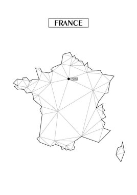 Çizgilerden oluşan bağlı üçgen şekiller ile Fransa'nın çokgen soyut haritası. Şehrin başkenti - Peris. Evinizde duvar için iyi bir poster. Oda duvarları için dekorasyon.