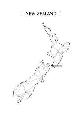 Çizgilerden oluşan bağlı üçgen şekiller ile Yeni Zelanda'nın çokgen soyut haritası. Şehrin başkenti - Wellington. Evinizde duvar için iyi bir poster. Oda duvarları için dekorasyon.