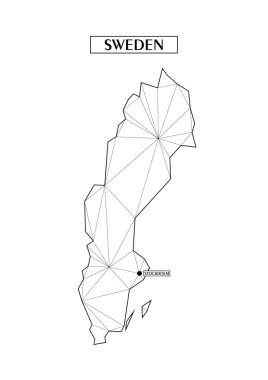 Çizgilerden oluşan birbirine bağlı üçgen şekillerle İsveç'in çokgen soyut haritası. Başkentin başkenti - Stockholm. Evinizde duvar için iyi bir poster. Oda duvarları için dekorasyon.