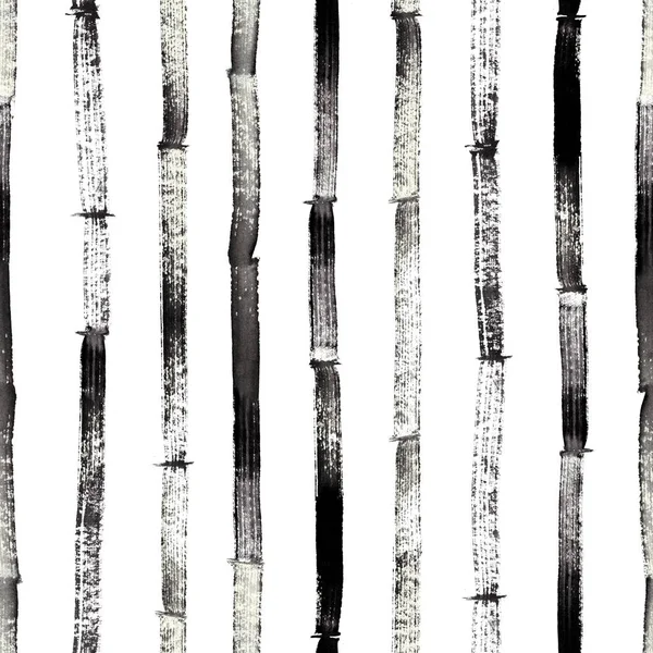 Bamboo, watercolor hand drawing, isolated abstract texture, seamless pattern, black line style, painted with a brush. Vintage style illustration.
