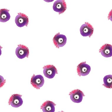 Beyaz arka plan üzerinde mor gözleri ile Cadılar Bayramı için dikişsiz desen. Komik bir Tek Gözlü Halloween Monster, tekstil ve kumaş için duvar kağıdı.