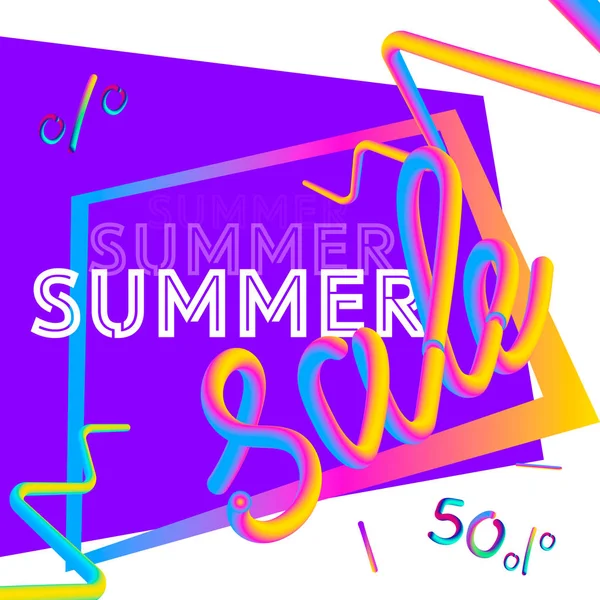 Banner-Vorlage für den Sommerschlussverkauf. Sommer abstrakte bunte geometrische Hintergrund, Memphis-Stil mit 3D-Effekt von Text. Promoabzeichen für Ihr saisonales Design. — Stockvektor