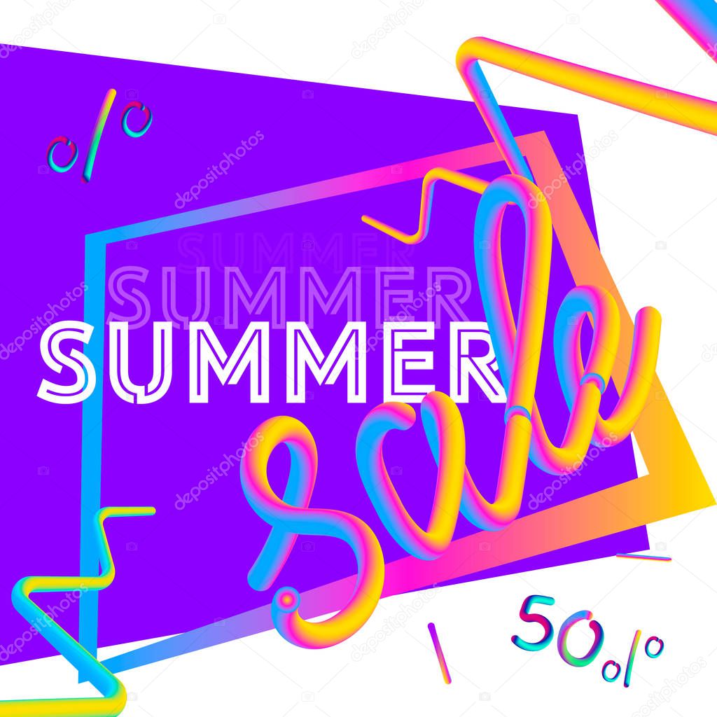 Summer sale banner template. Summer abstract colorful geometric background, memphis stylewith 3d effect of text. Promo badge for your seasonal design.
