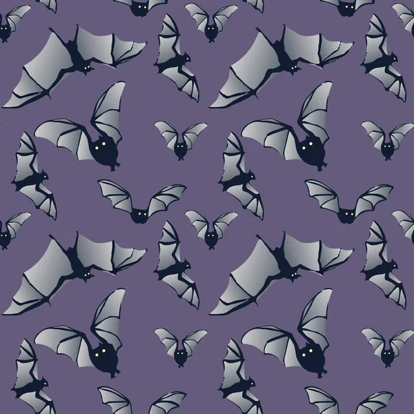 Fledermäuse fliegen. Vektor nahtlose Muster mit fliegenden Fledermäusen auf violettem Hintergrund. gut für Verpackung, Papier, Textilien für Halloween. — Stockvektor