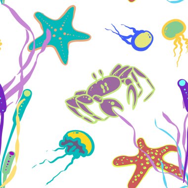 Sualtı dünyası. Denizyıldızları, yengeçler, denizanaları, mercanlar ve beyaz arka plan üzerinde yosun ile Vektör dikişsiz desen. Sarma, kağıt kumaş, tekstil için iyi.