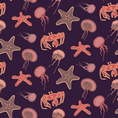 Deniz yıldızları, denizanası, yengeçler: sualtı sakinleri ile renkli vektör sorunsuz desen. Çocuklar sarma, tekstil, kumaş, arka plan için iyi.