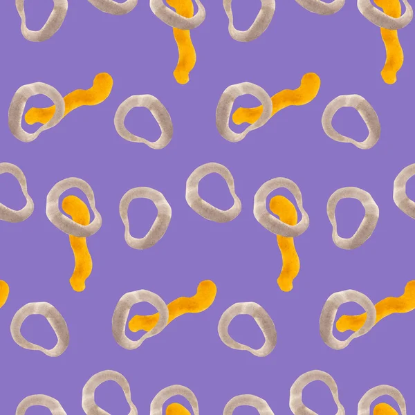 Yaymalar ile trendy soyut dikişsiz desen, mor arka plan üzerinde sarı ve gri renkler oluşturur. Tekstil, kumaş, kağıt, sarma için el boyaması doku.