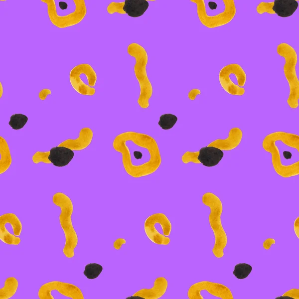 Patrón abstracto sin costuras de moda con manchas, formas de colores amarillos y grises sobre fondo púrpura. Textura pintada a mano para textil, tela, papel, envoltura . — Foto de Stock