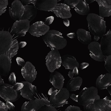 Suluboya grafit renk yaprakları ve siyah bir arka plan üzerinde Opuntia kaktüs tomurcukları ile dikişsiz desen boyalı. Ambalaj, ambalaj, kumaş, kağıt, tekstil için iyi.