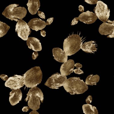 Suluboya siyah bir arka plan üzerinde Opuntia kaktüs altın yaprakları ile dikişsiz desen boyalı. Ambalaj, ambalaj, kumaş, kağıt, tekstil için iyi.