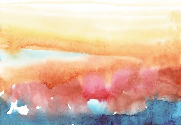 Abstract landscape- ART. Style incorporates the swirls of watercolor sea waves, sand, water,spots,splashes and spreading.Pink, yellow, blue colors. Hand painted. — Stock Photo, Image