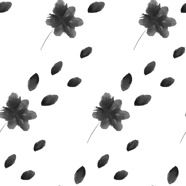 Acquerello dipinto a mano modello senza soluzione di continuità per qualsiasi scopo. Fiori, petali ed erbe in bianco e nero . — Foto Stock