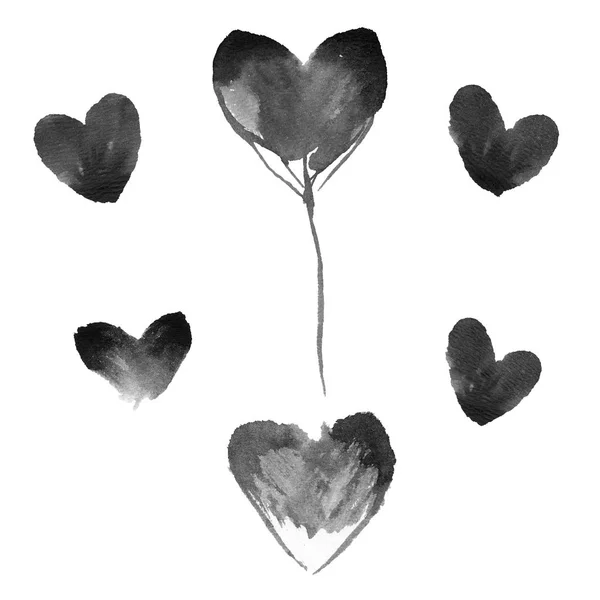 Conjunto de corazones negros para el Día de San Valentín, Globo de corazones. Dibujo de acuarela a mano . — Foto de Stock