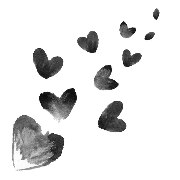 Composição de corações pretos e pétalas do Dia dos Namorados, desenho a aquarela à mão . — Fotografia de Stock