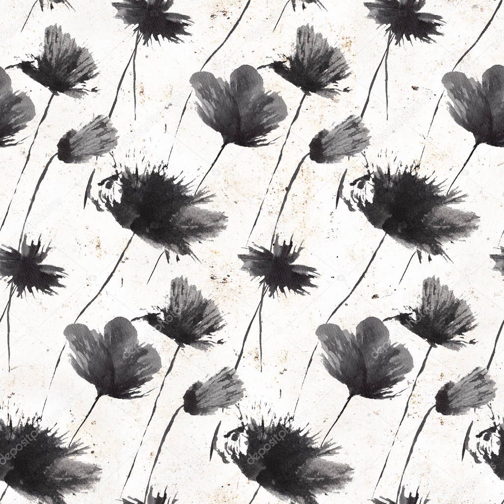Seamless pattern with peony flowers. Hand drawn ink graphics. Vintage style. Design suitable for fabric, wallpaper, wrapping paper, postcards, posters.