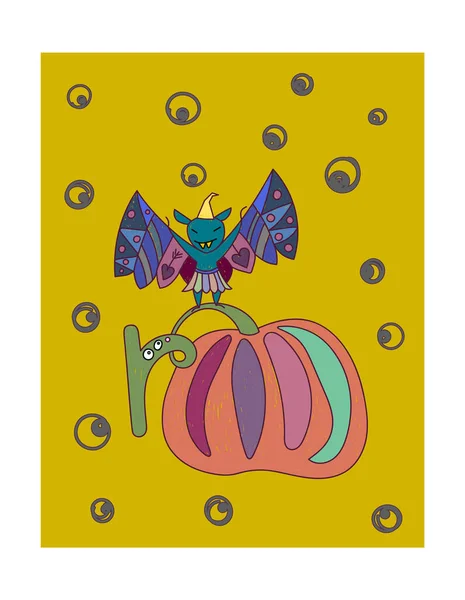 Karta okolicznościowa na halloween z nietoperzem i pomarańczową dynią. — Wektor stockowy