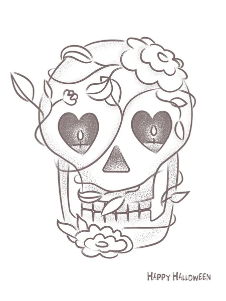 Halloween skull design, Vector bitmap or dots graphics style.Contain flowers on the head and eyes like candles.Greeting card. — Stock Illustration Halloween skull design, Vector bitmap or dots graphics style.Contain flowers on the head and eyes like candles.Greeting card. Stock Illustration