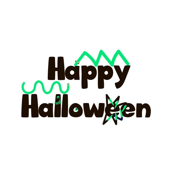 Happy Halloween vector lettering on white background. Holiday calligraphy with one-eyed, worms, lohg nails. Good for poster, greeting card, party invitation. Isolated illustration. — Stock Vector