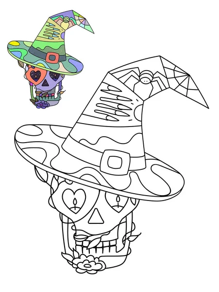 Vector decorative illustration for Halloween. Coloring book for kids or adults, which contain outline image for coloring. Black and white portrait of skull witches in hat with scary hand and spider. — Stock Vector