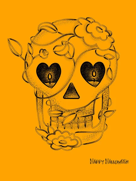 Halloween skull design, Vector bitmap or dots graphics style.Contain flowers on the head and eyes like candles.Greeting card. Винтажный постер на Хэллоуин . — стоковый вектор