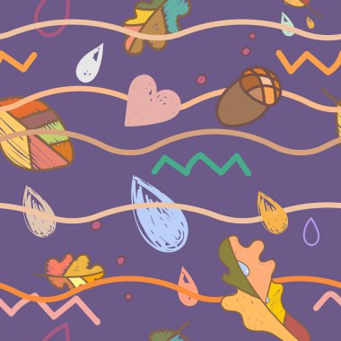 Sonbahar vektörü, dikdörtgen desenli, portakal yapraklı, meşe palamudu, su damlaları, menekşe zeminli kalpler. Sonbahar geldi. Kalıp, kağıt ve tekstil için iyidir..