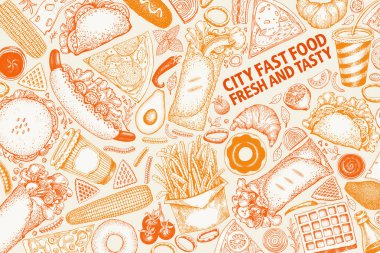 Fast food el vektör çizimler çekilmiş. Sokak gıda afiş tasarım şablonu. Fast food restoran veya Cafe menü veya ambalaj tasarımı kullanmak olabilir.