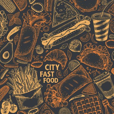 Fast food el vektör çizimler çekilmiş. Sokak gıda afiş tasarım şablonu. Fast food restoran veya Cafe menü veya ambalaj tasarımı kullanmak olabilir.