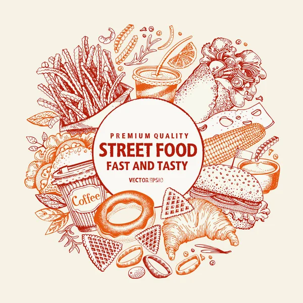 Fast food hand drawn vector illustration. Street food banner design template. Can be use for fast food restaurant or cafe menu or packaging design. — Stock Vector