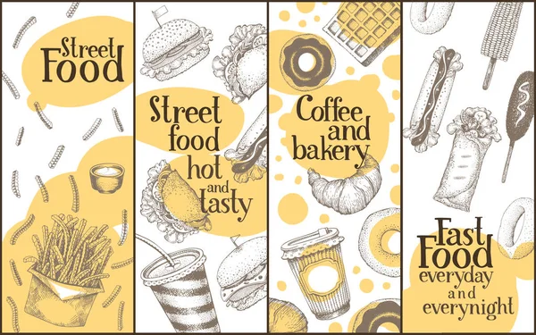 Banderas de vectores de comida callejera. Ilustraciones dibujadas a mano en estilo de boceto vintage. Puede ser utilizado para café de comida rápida, menú, embalaje, adversiting . — Vector de stock