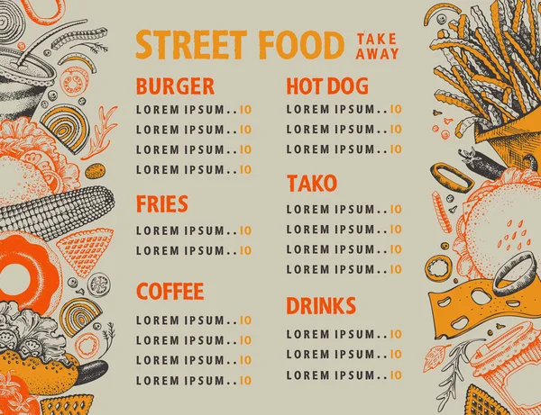 Fast food χέρι διανυσματικά εικονογράφηση. Πρότυπο σχεδίασης banner φαγητό του δρόμου. Μπορεί να χρησιμοποιηθεί για μενού φαστ φουντ εστιατόριο ή καφέ ή σχεδιασμό συσκευασίας. — Διανυσματικό Αρχείο