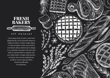 Tebeşir tahtası üzerinde çizilen illüstrasyon vektör ekmek ver. Ekmek ve pasta ile arka plan. Retro tasarım şablonu. Menü, kullanmak olabilir ambalaj.