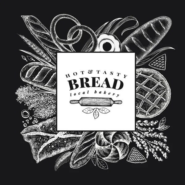 Vector bageri handen ritade illustration på krita ombord. Bakgrund med bröd och bakverk. Retro designmall. Kan användas för menyn, förpackning. — Stock vektor