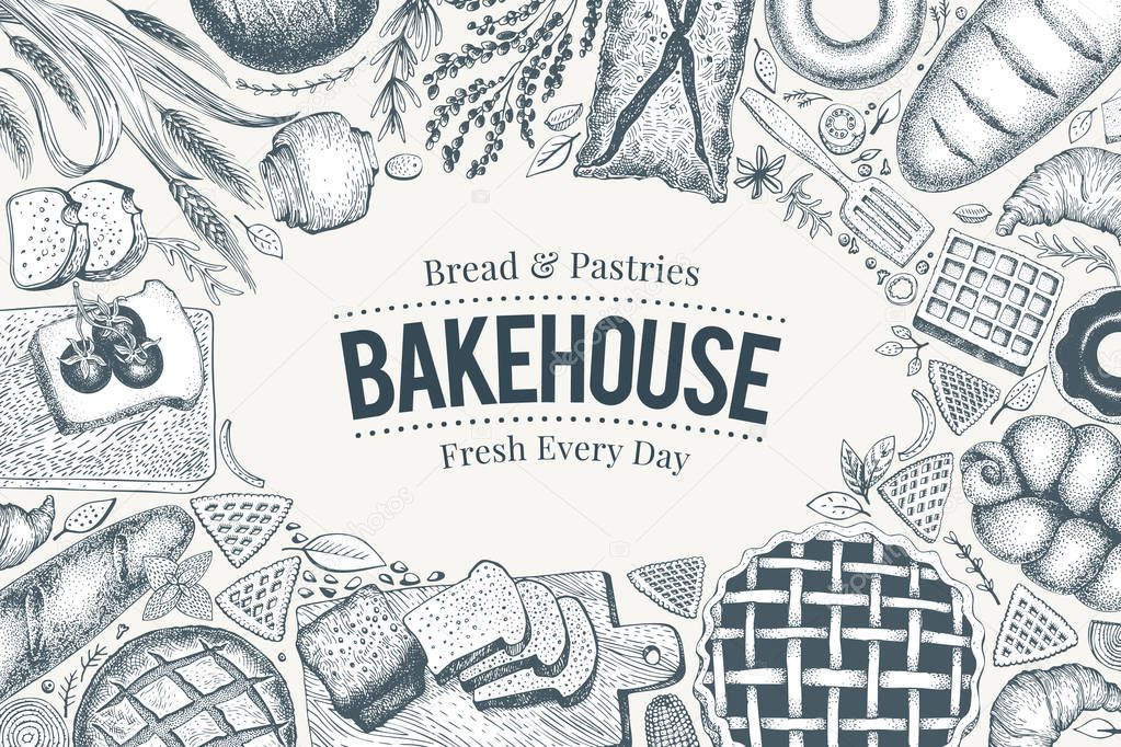 Bakery top view frame. Hand drawn vector illustration with bread and pastry. Retro design template. Can be use for menu, packaging.