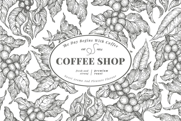 Plantilla de banner de árbol de café. Ilustración vectorial. Fondo de café vintage. Ilustración de estilo grabado a mano . — Vector de stock